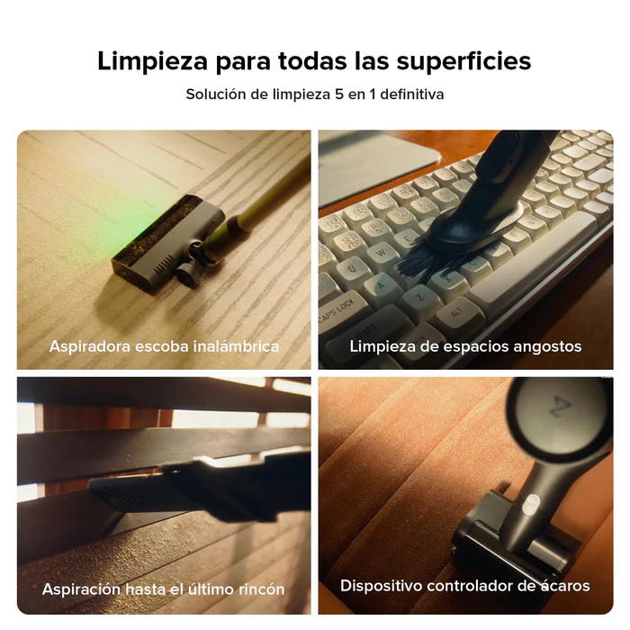 Un collage de tareas de limpieza, incluyendo aspirar alfombras, teclados, esquinas y un dispositivo para ácaros.