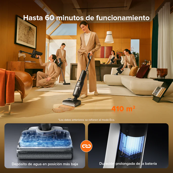 Una imagen que muestra a una mujer usando una aspiradora. El texto dice 'hasta 60 minutos'.