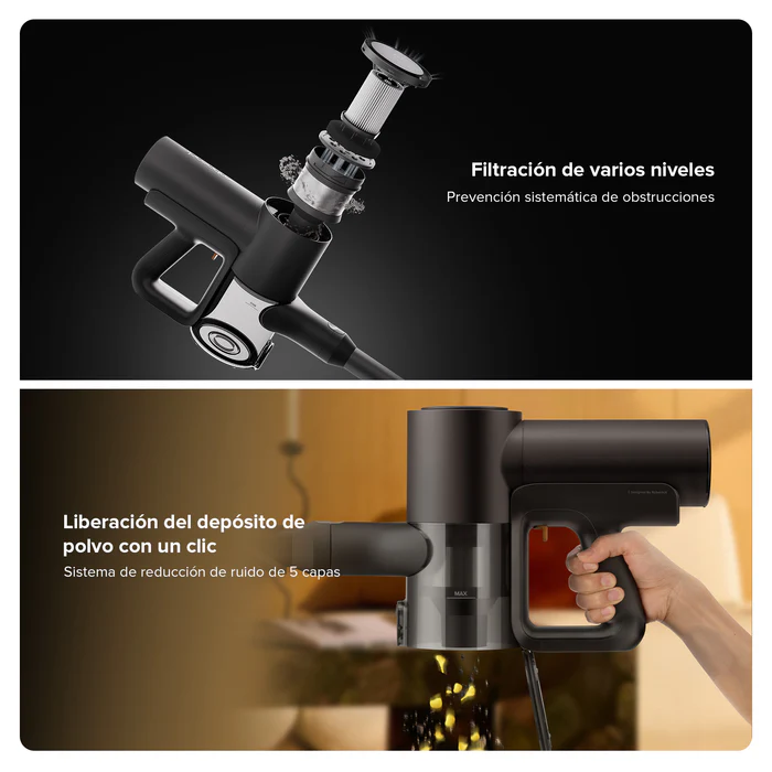 Dos imágenes que muestran una aspiradora de mano negra, con diferentes partes resaltadas.