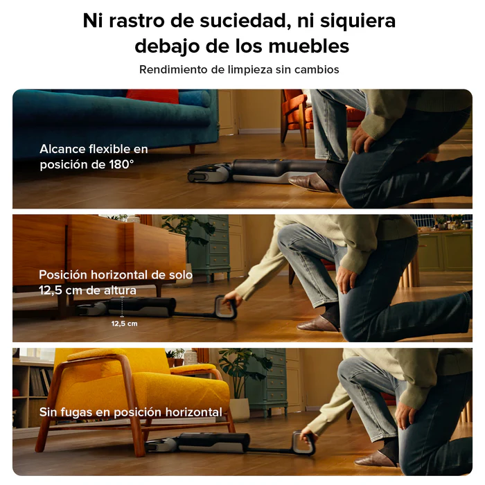 Una persona limpiando con una aspiradora, mostrando flexibilidad y alcance.