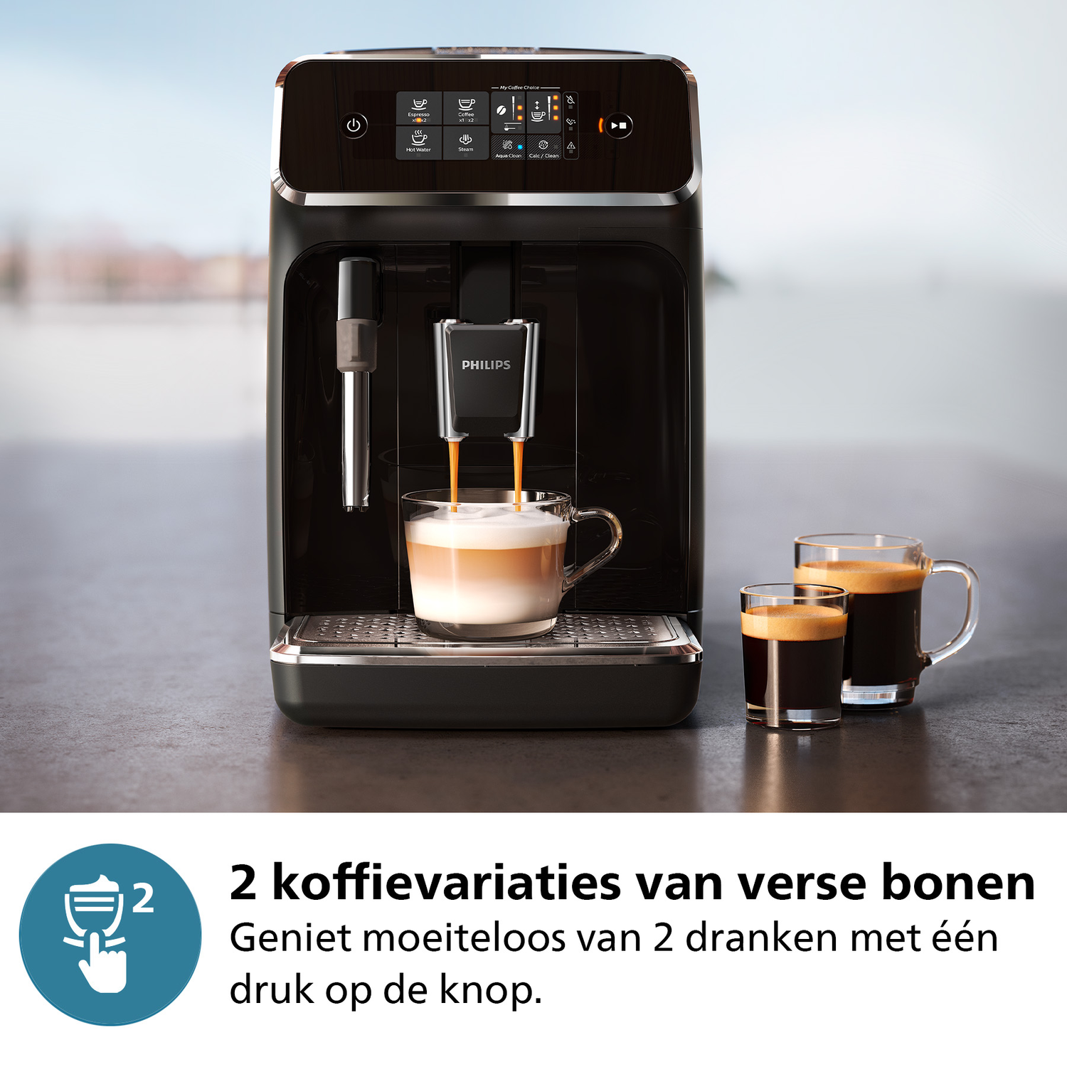 A black coffee machine dispensing coffee into two glasses, and a cup.