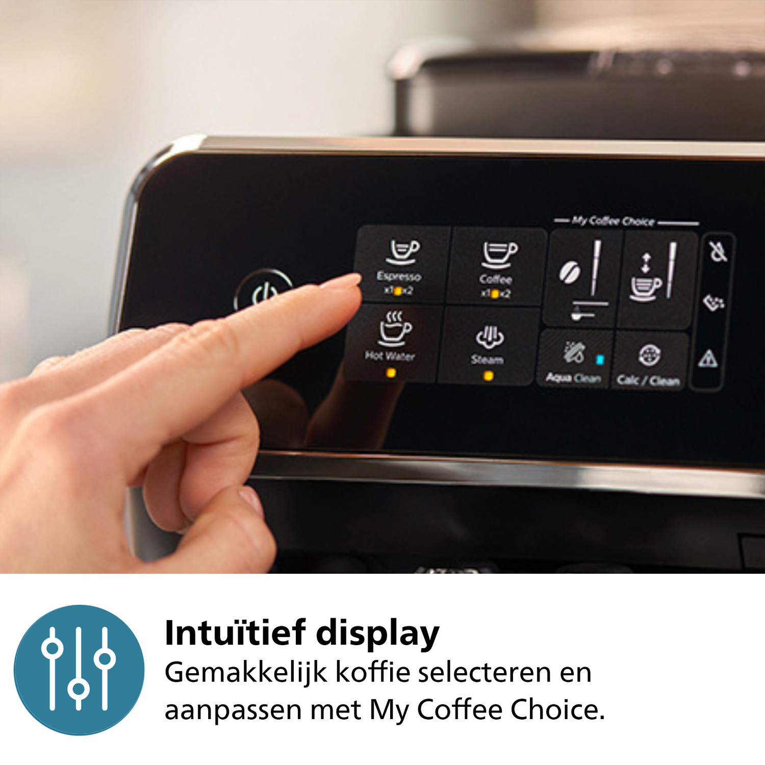 A hand presses a button on a black coffee machine display with coffee options.