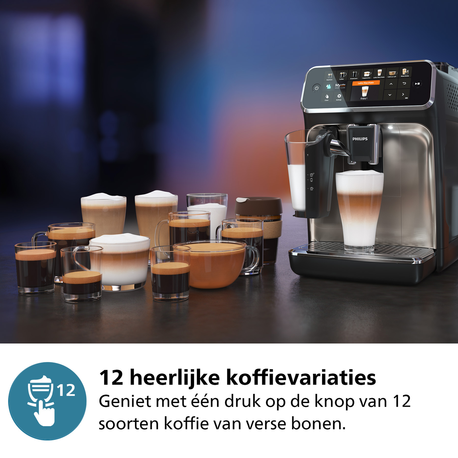 A coffee machine with various coffee cups arranged in front of it.