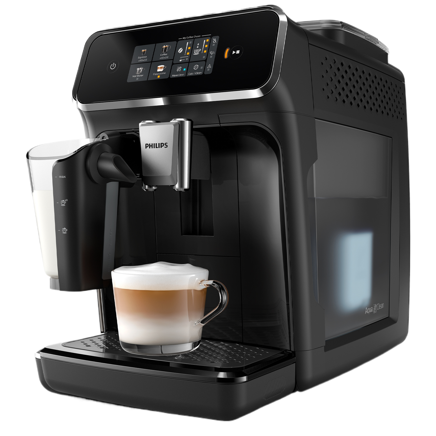Een zwarte Philips koffiemachine met een kop latte. Een melkopschuimer en watertank zijn ook zichtbaar.