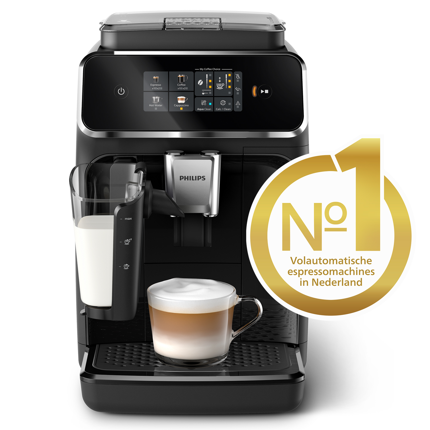 Zwarte Philips espressomachine, melk en koffie in glas, gouden label.