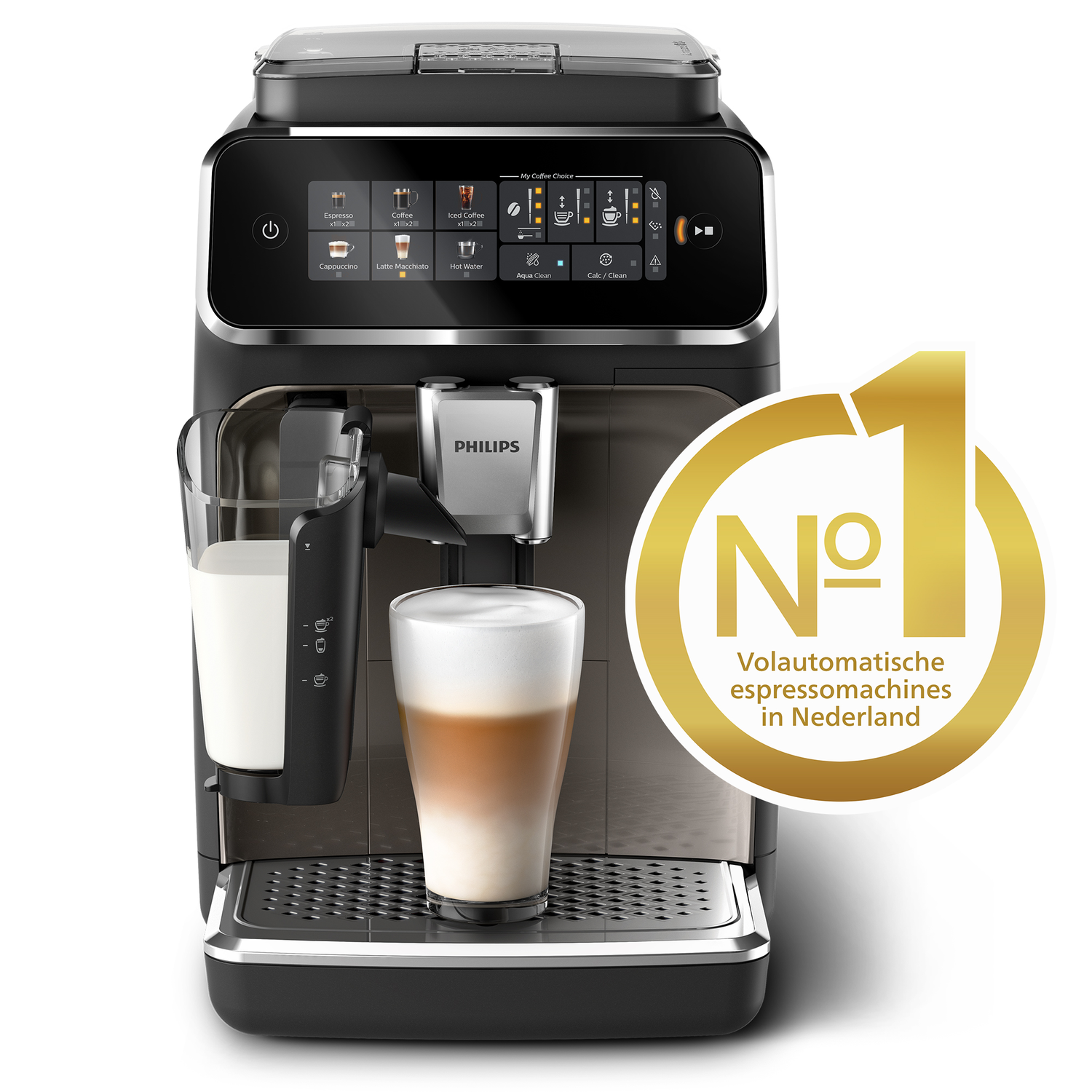 Een zwart-zilveren Philips koffiemachine met een glas latte, en een label dat aangeeft dat het nummer 1 is.