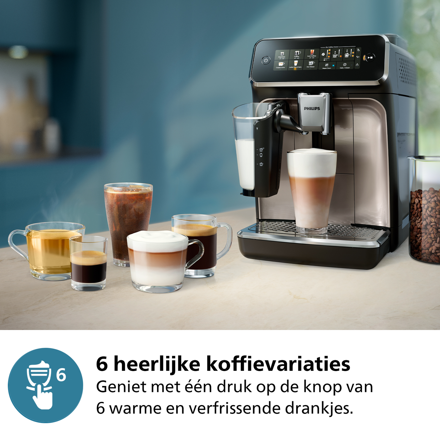 Koffiemachine met diverse koffiedranken en koffiebonen. Tekst in het Nederlands onderaan.