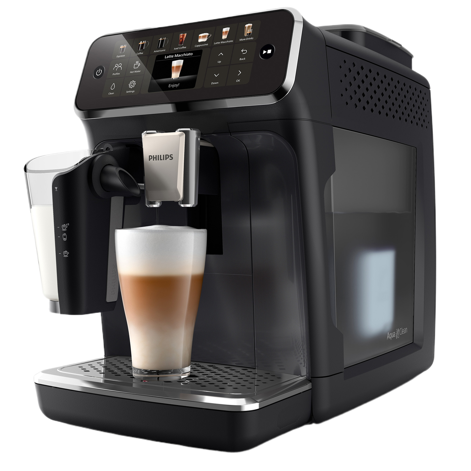 Machine à café Philips noire avec écran tactile, distribuant latte macchiato dans un verre.