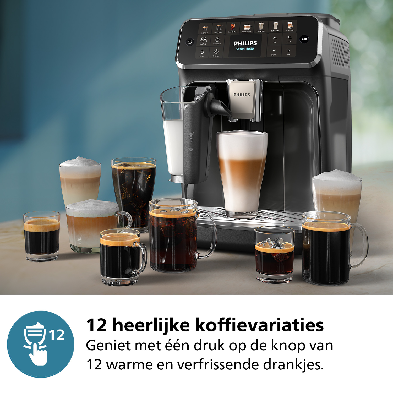 Een Philips koffiemachine met een verscheidenheid aan koffiedranken in glazen, en een icoon met het nummer 12.