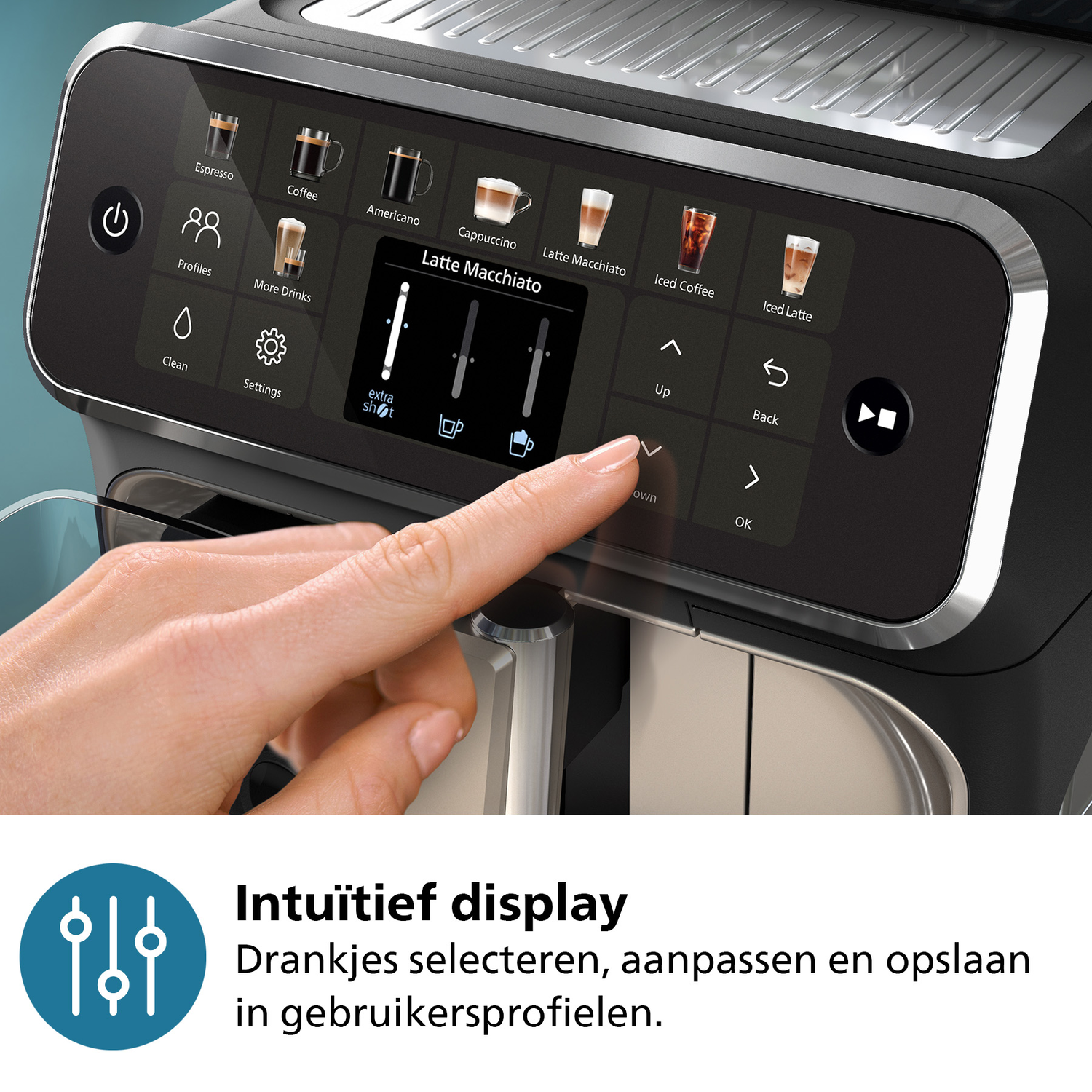 A hand touches a coffee machine screen. It shows various coffee options.