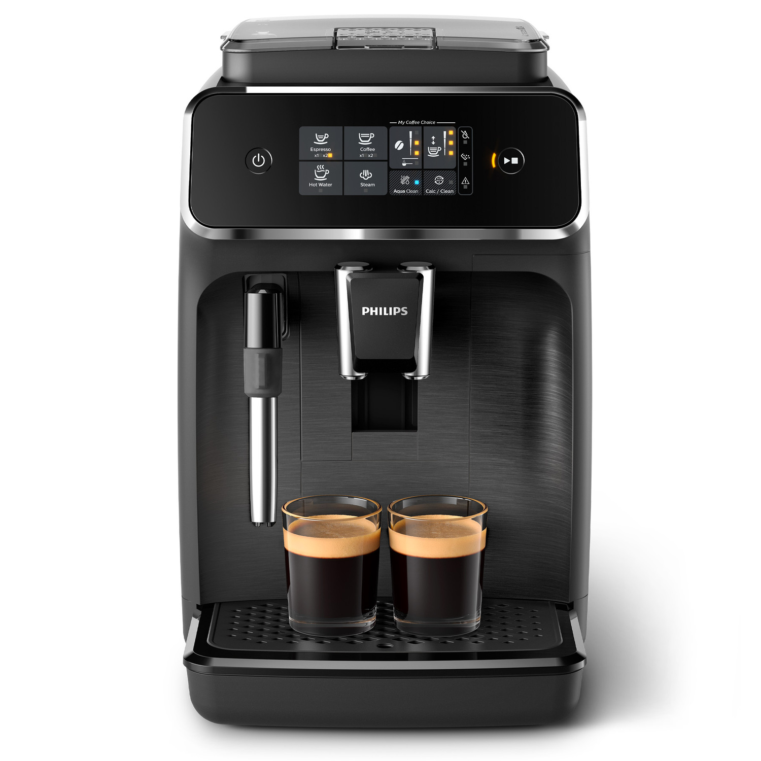 Une cafetière Philips noire avec deux tasses de café. La machine a un écran et des boutons.