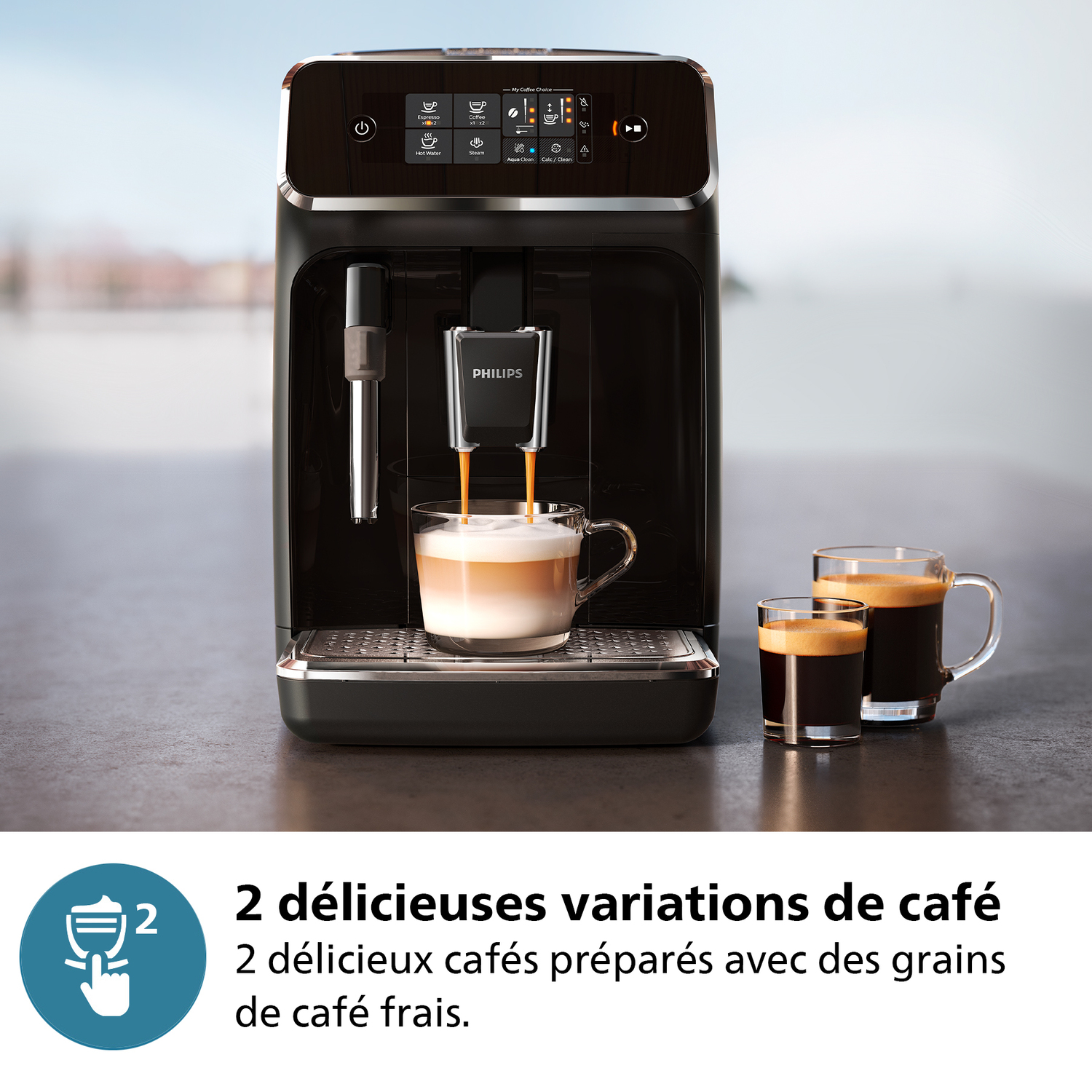 Machine à expresso préparant du café dans deux verres. Deux autres tasses de café visibles.