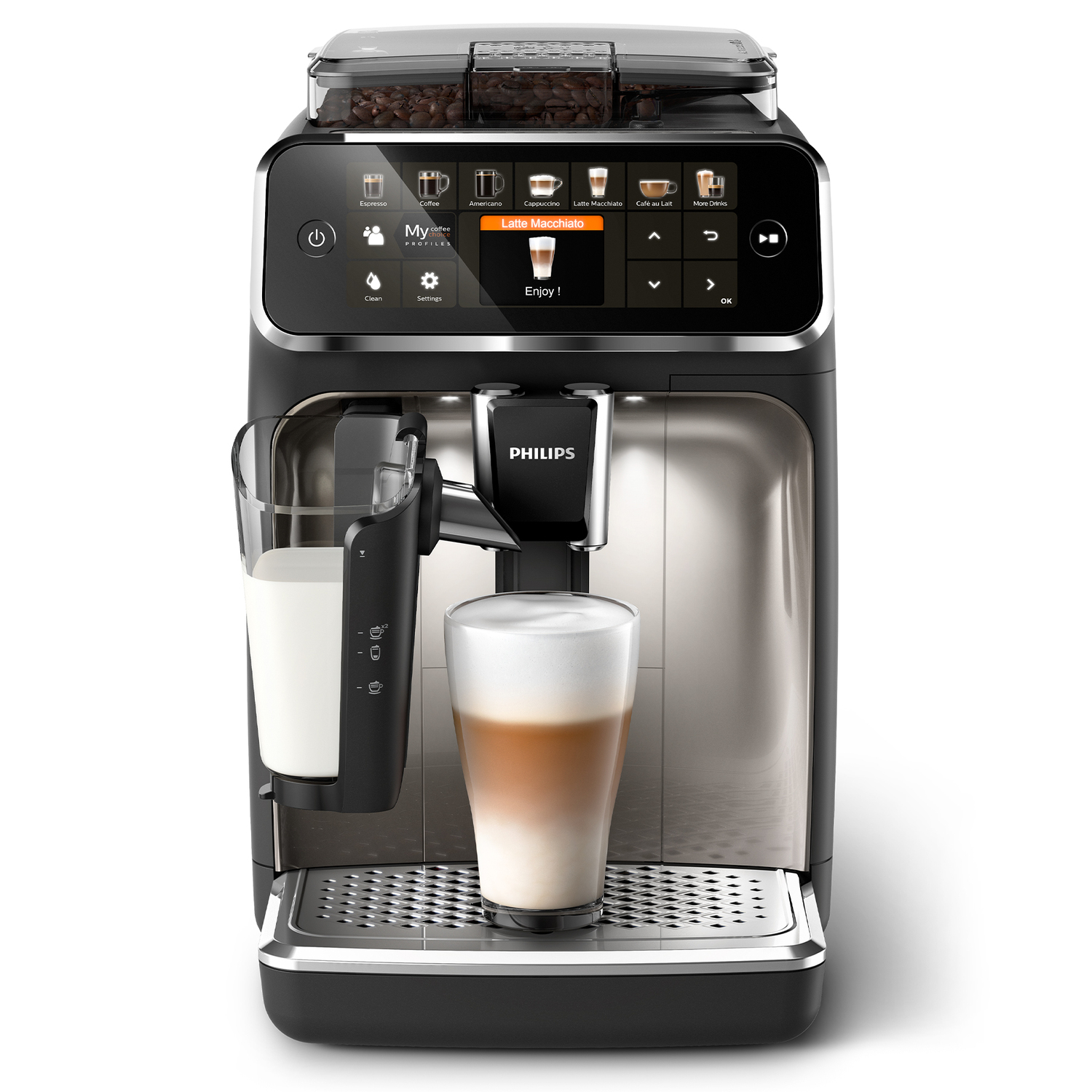 Une machine à café avec un verre de latte macchiato en préparation.