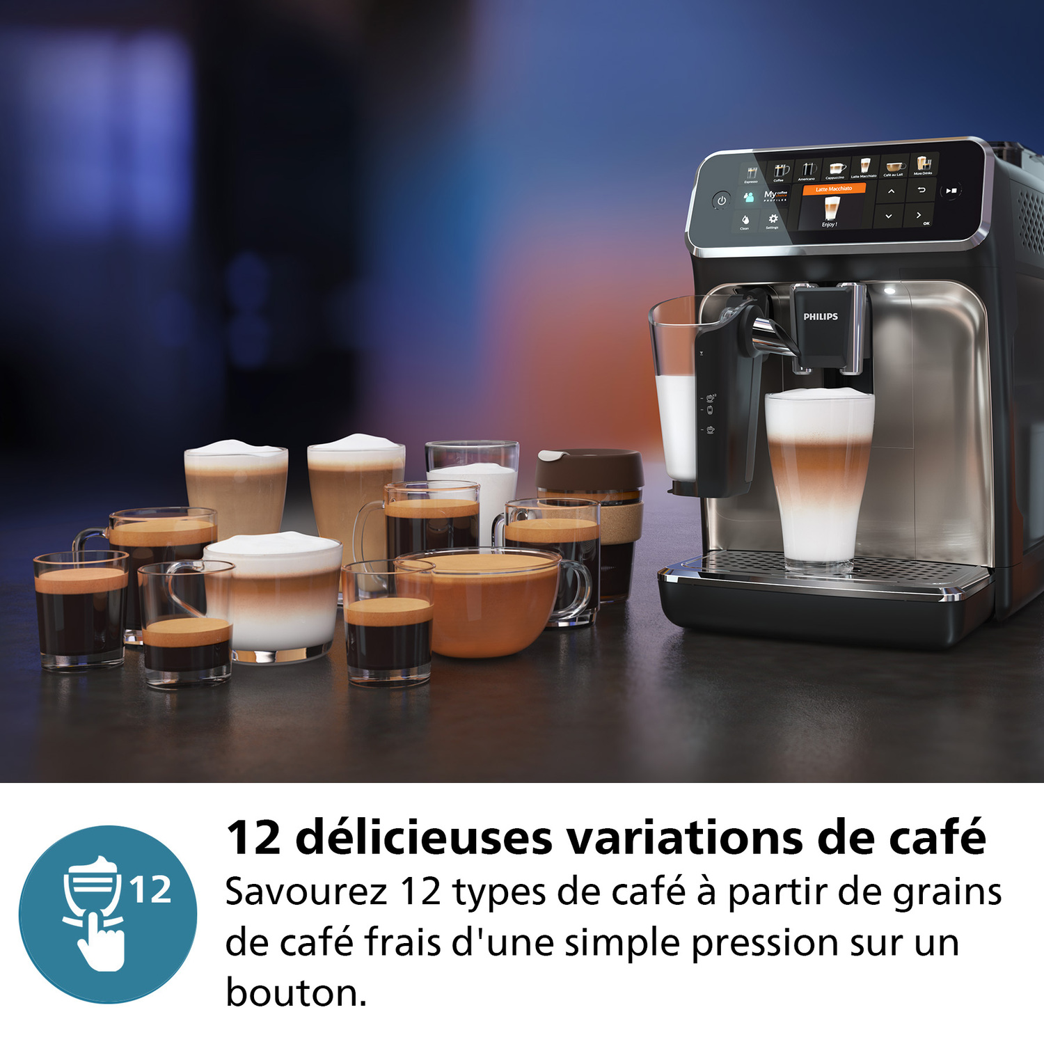 Machine à expresso avec variations de café dans des verres et texte sur 12 options.