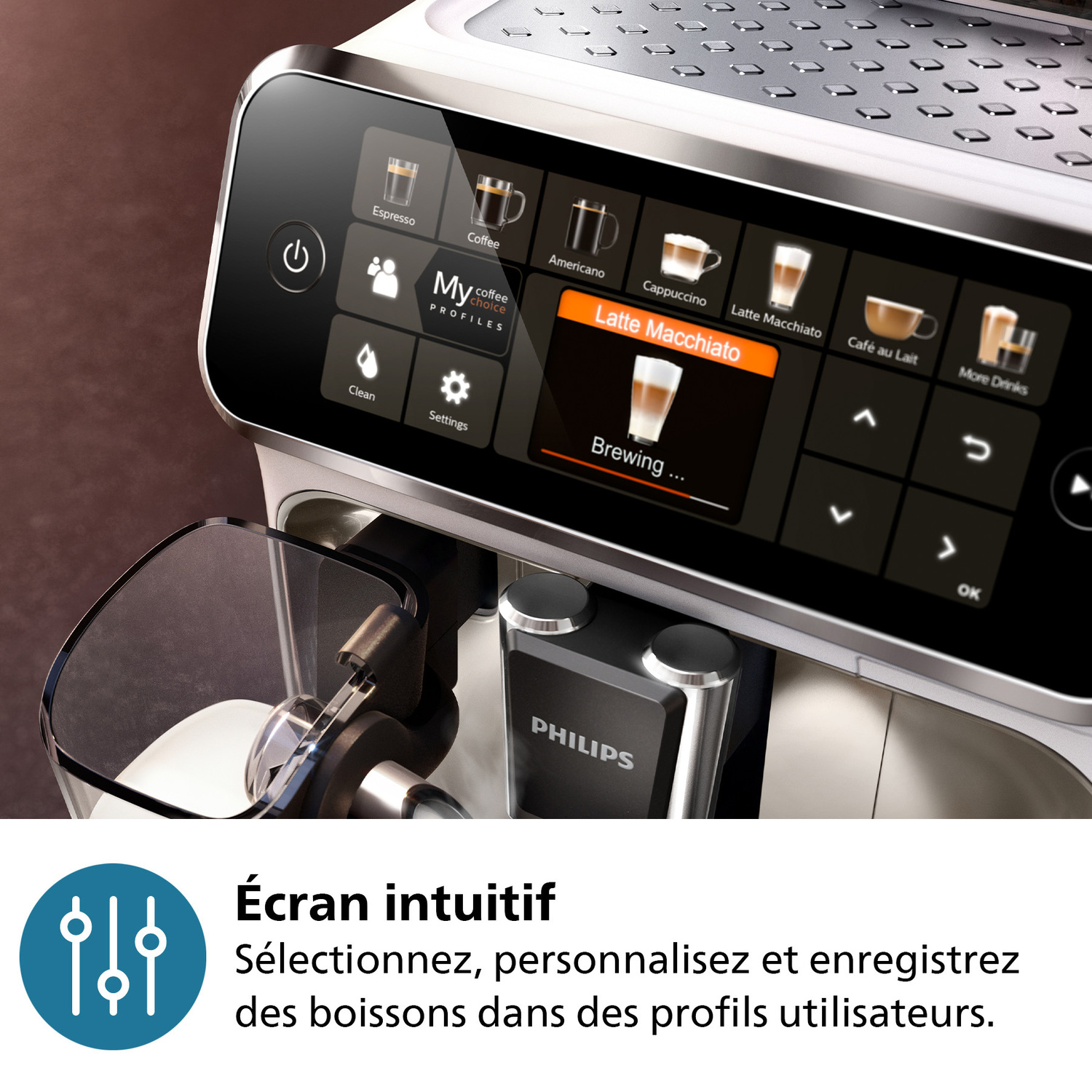Interface de machine à café. Latte Macchiato sélectionné. Diverses options de boissons à l'écran.