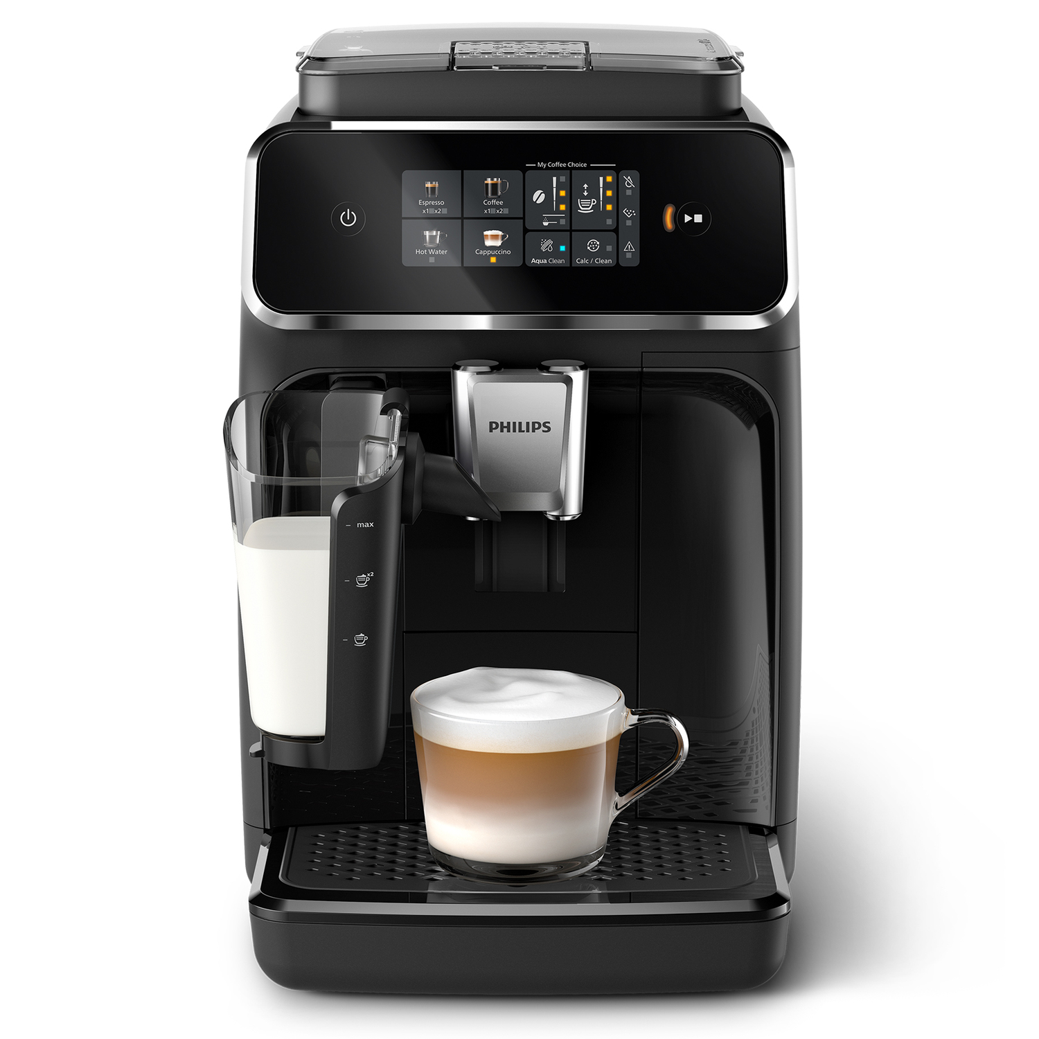 Une machine à café noire avec un verre de lait et une tasse de café avec de la mousse.