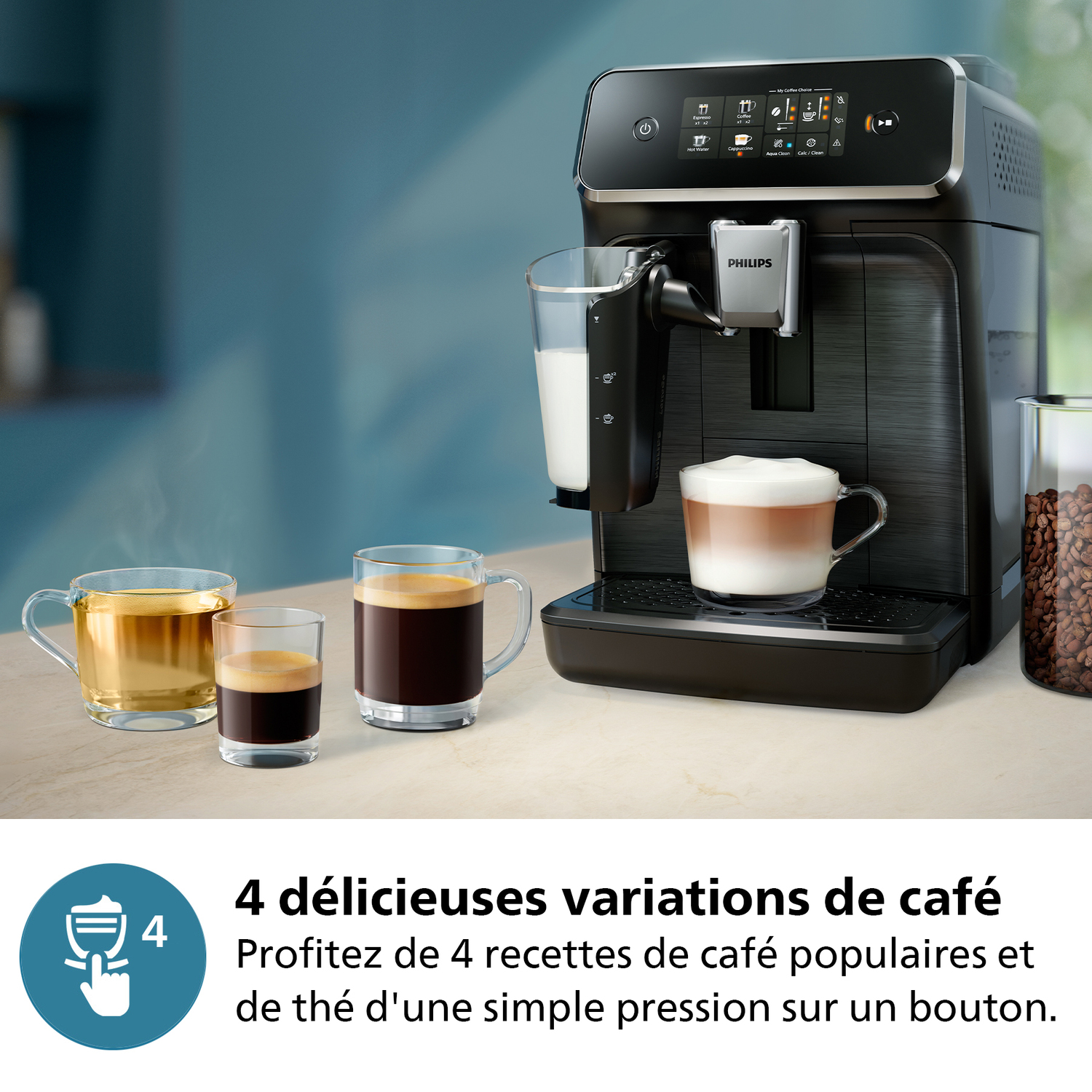 Une machine à café avec plusieurs tasses de café et de thé.