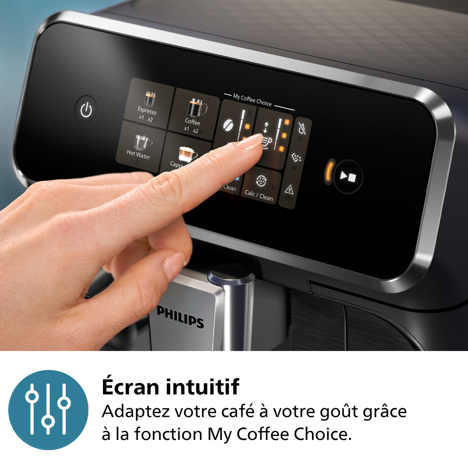 Une main touche l'écran d'une machine à café noire, sélectionnant les options de café.