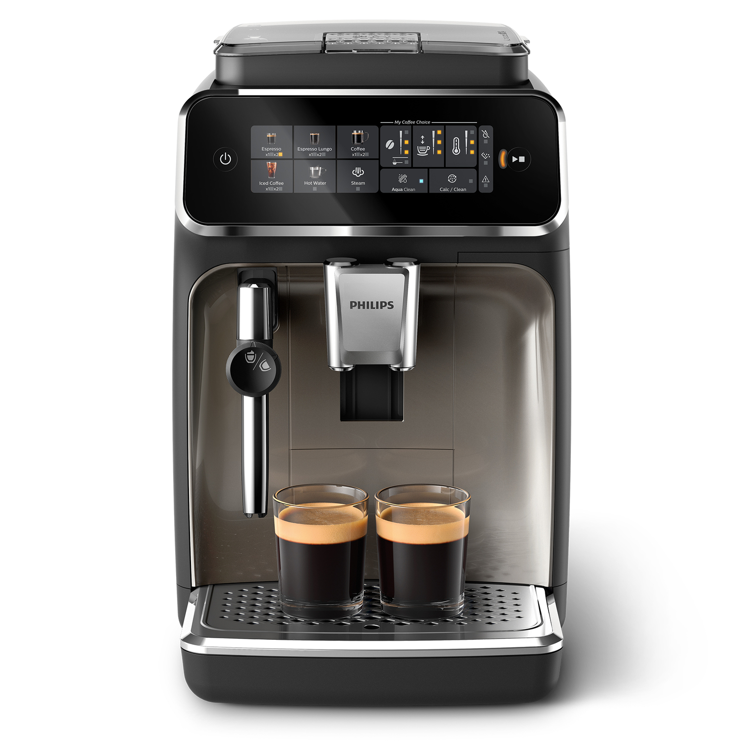 Machine à expresso Philips noire avec deux verres d'expresso sur le bac d'égouttement.