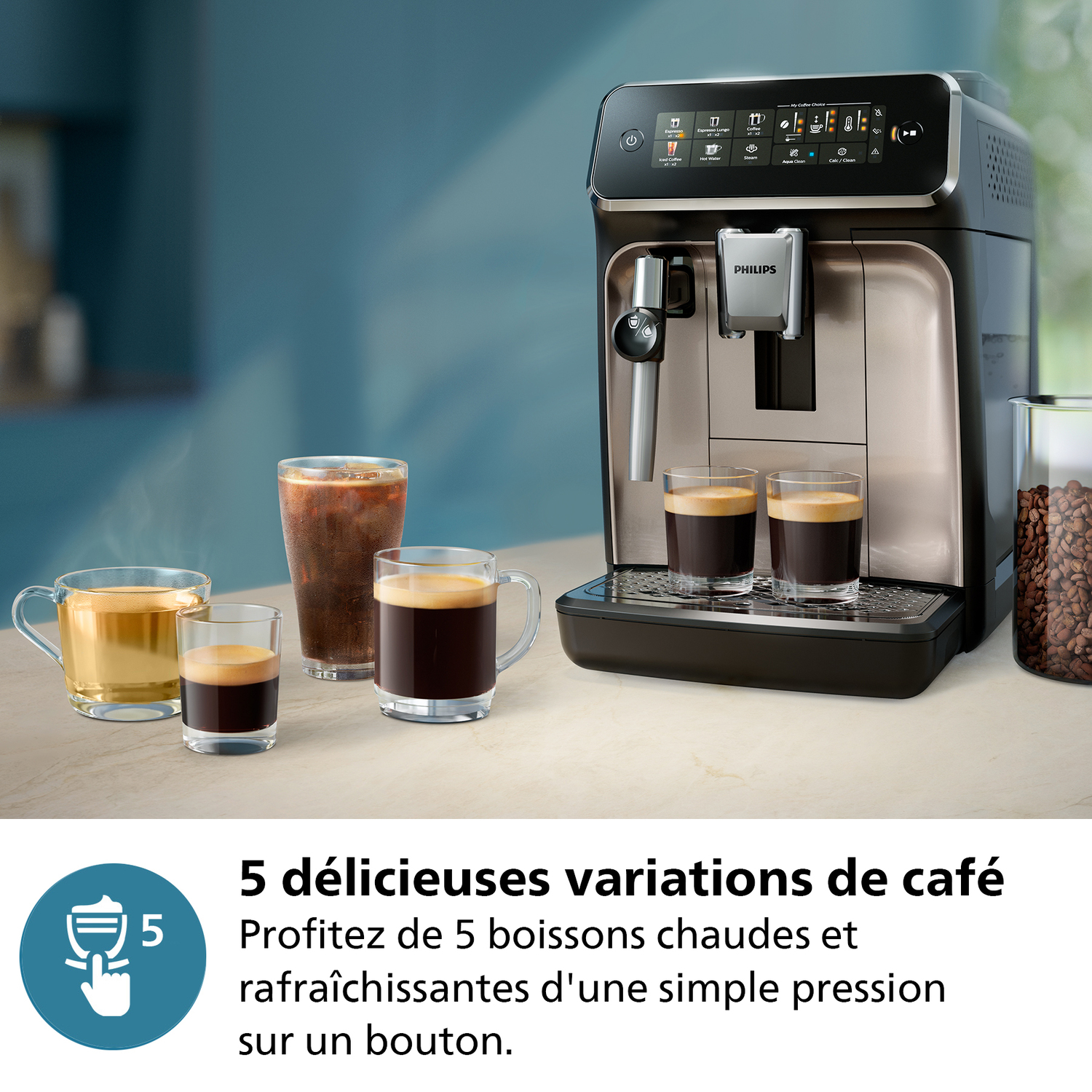 Machine à café avec diverses boissons au café et texte sur les variations de café.