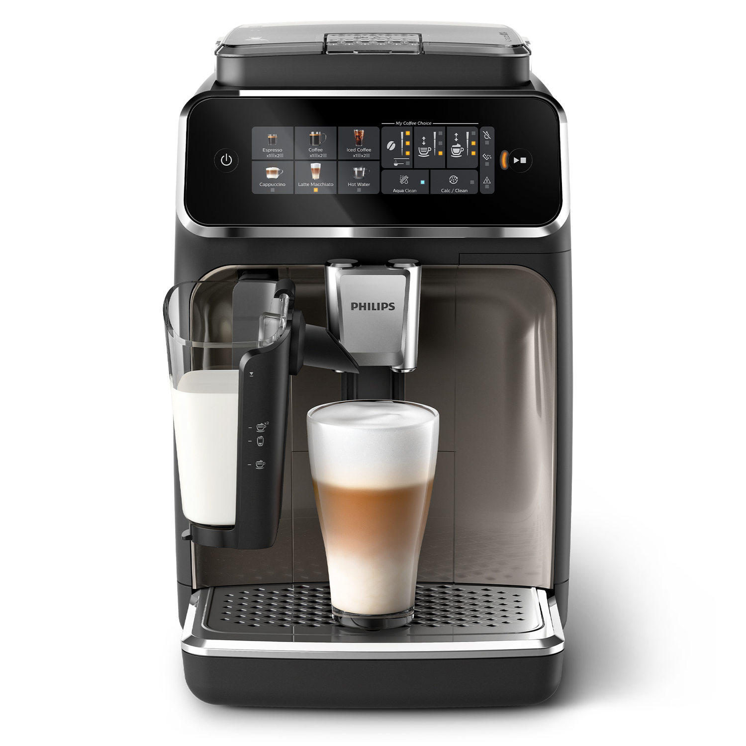 Une machine à café noire avec une carafe à lait et un verre avec du latte. Elle possède un écran tactile.