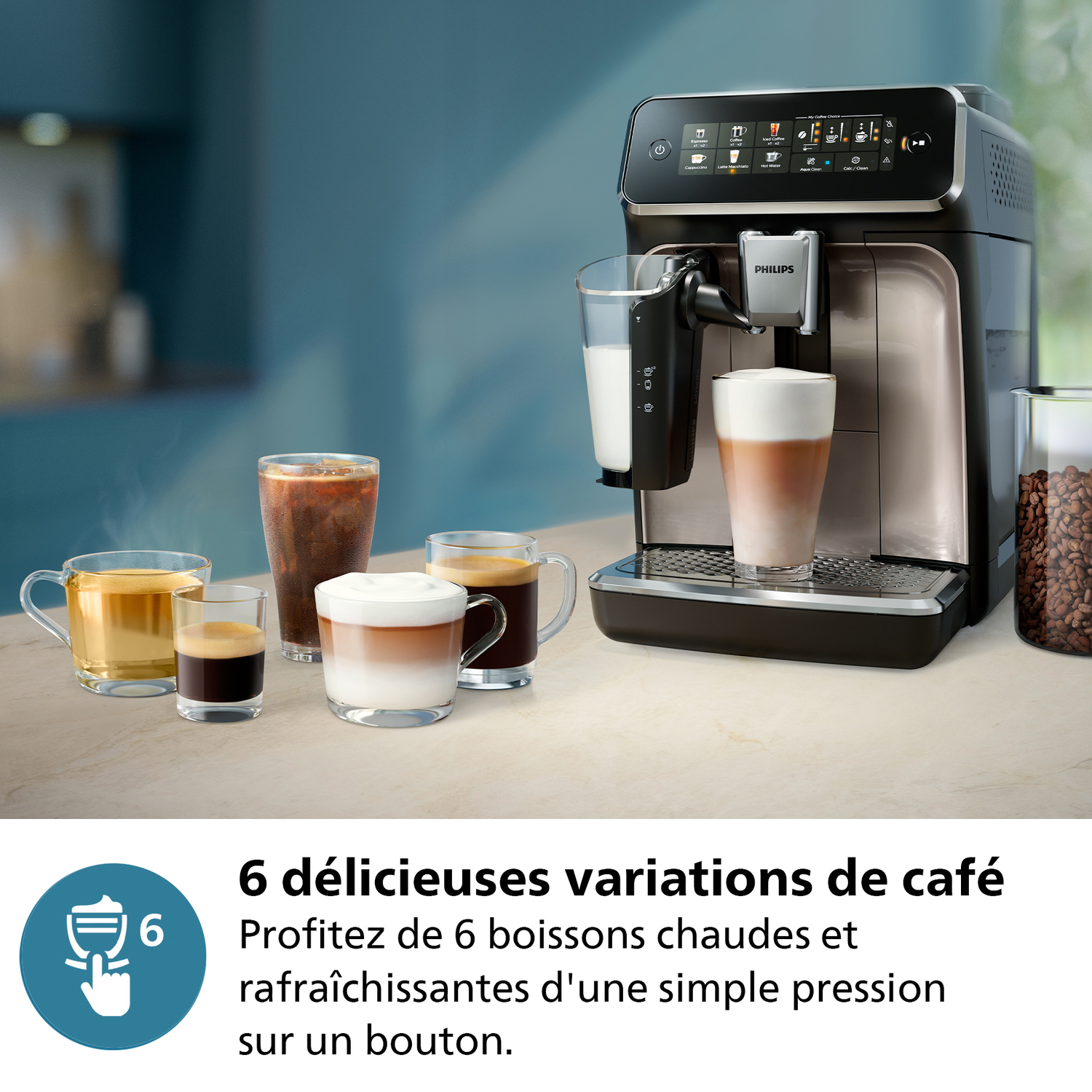 Une machine à café distribue différents types de café dans des verres sur un comptoir.