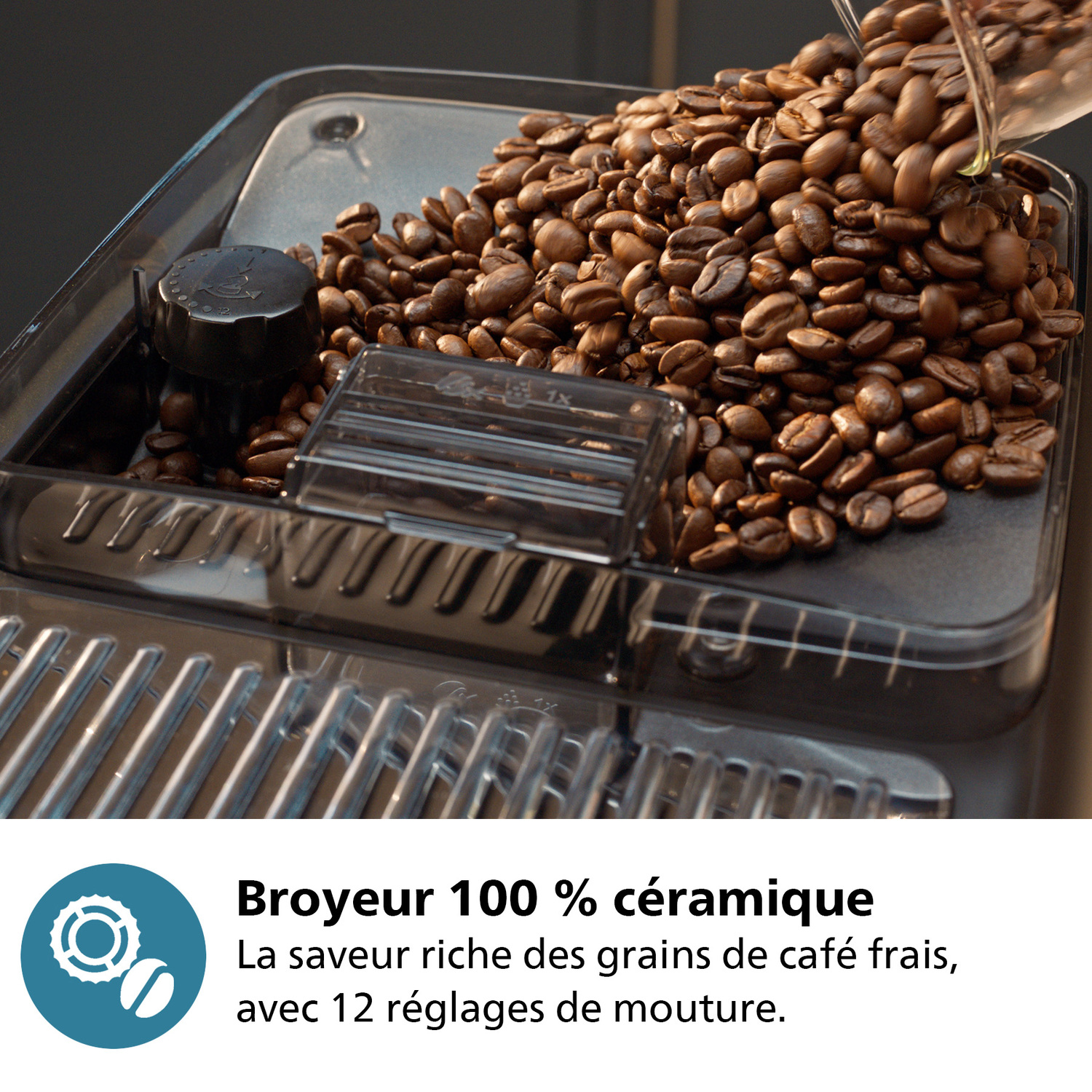 Des grains de café sont versés dans une machine à café. Le texte dit 'broyeur 100 % céramique'.