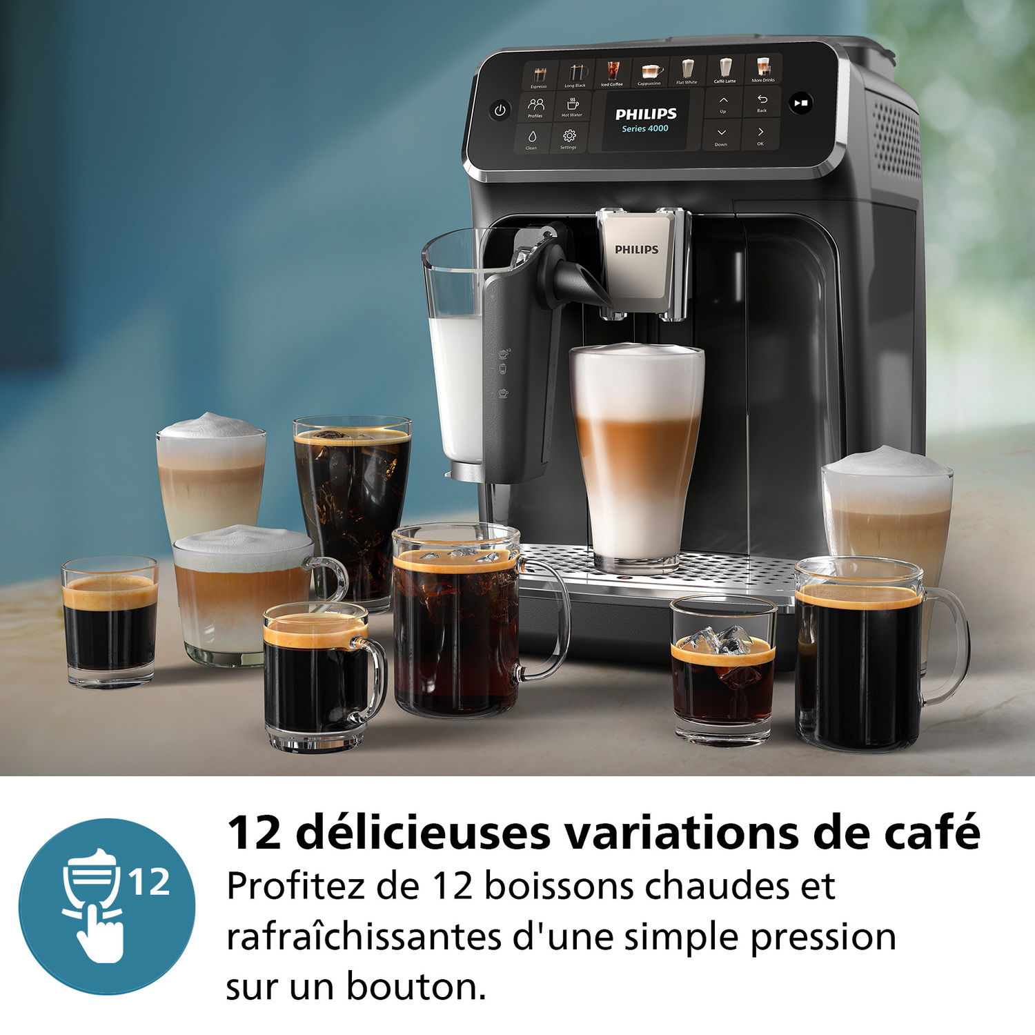 Machine à café avec diverses boissons au café. Le texte indique 12 variations.