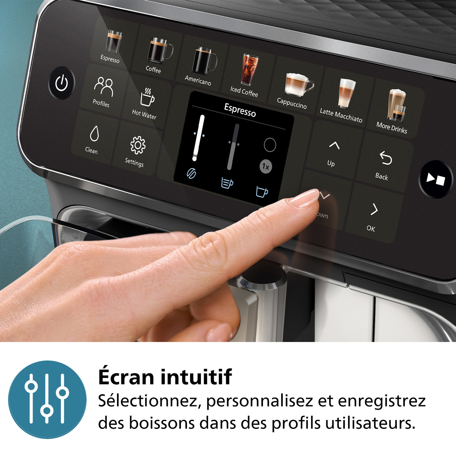 Écran de la machine à café, avec un doigt qui le touche et de nombreuses options.