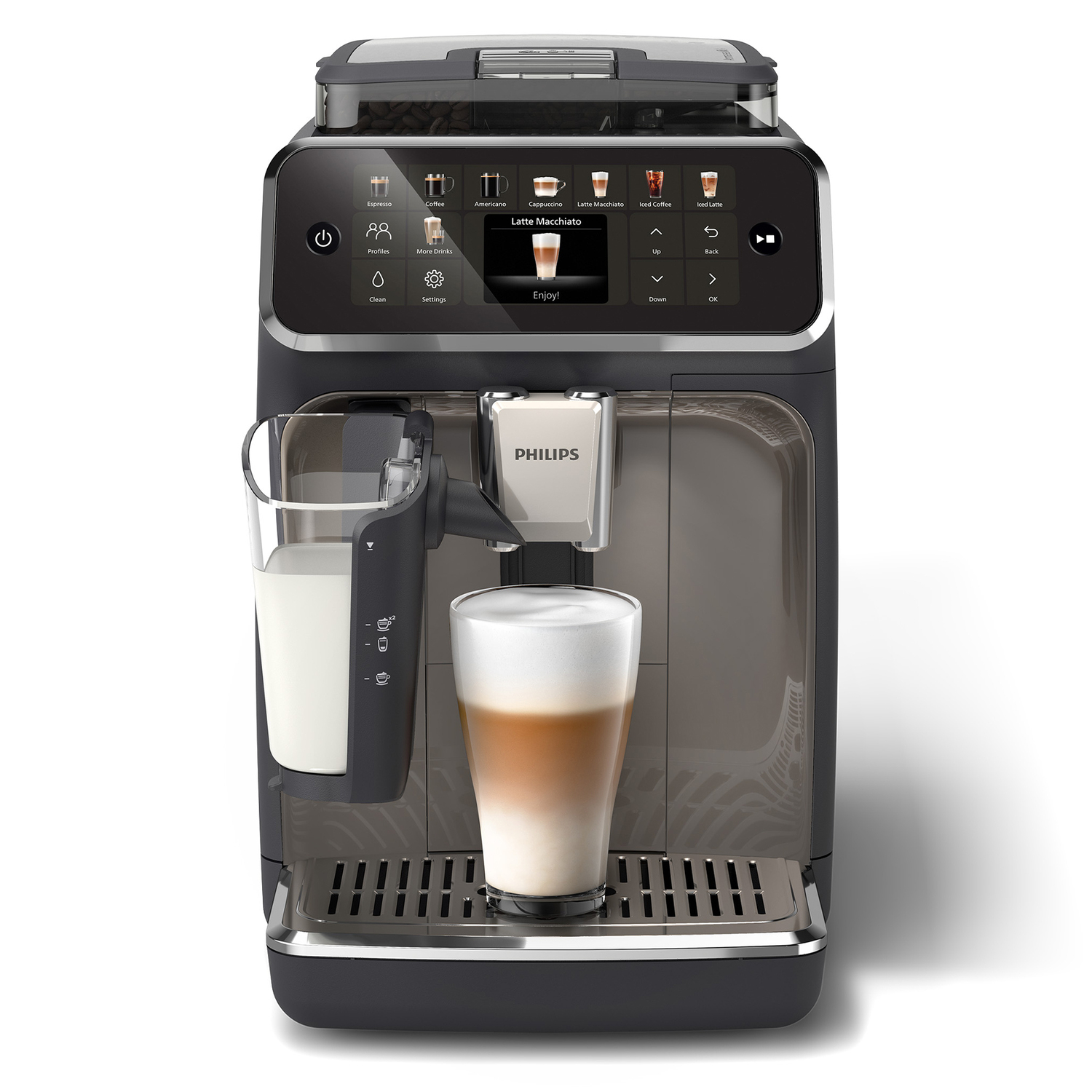 Machine à café Philips blanche et noire avec un latte macchiato dans un verre.