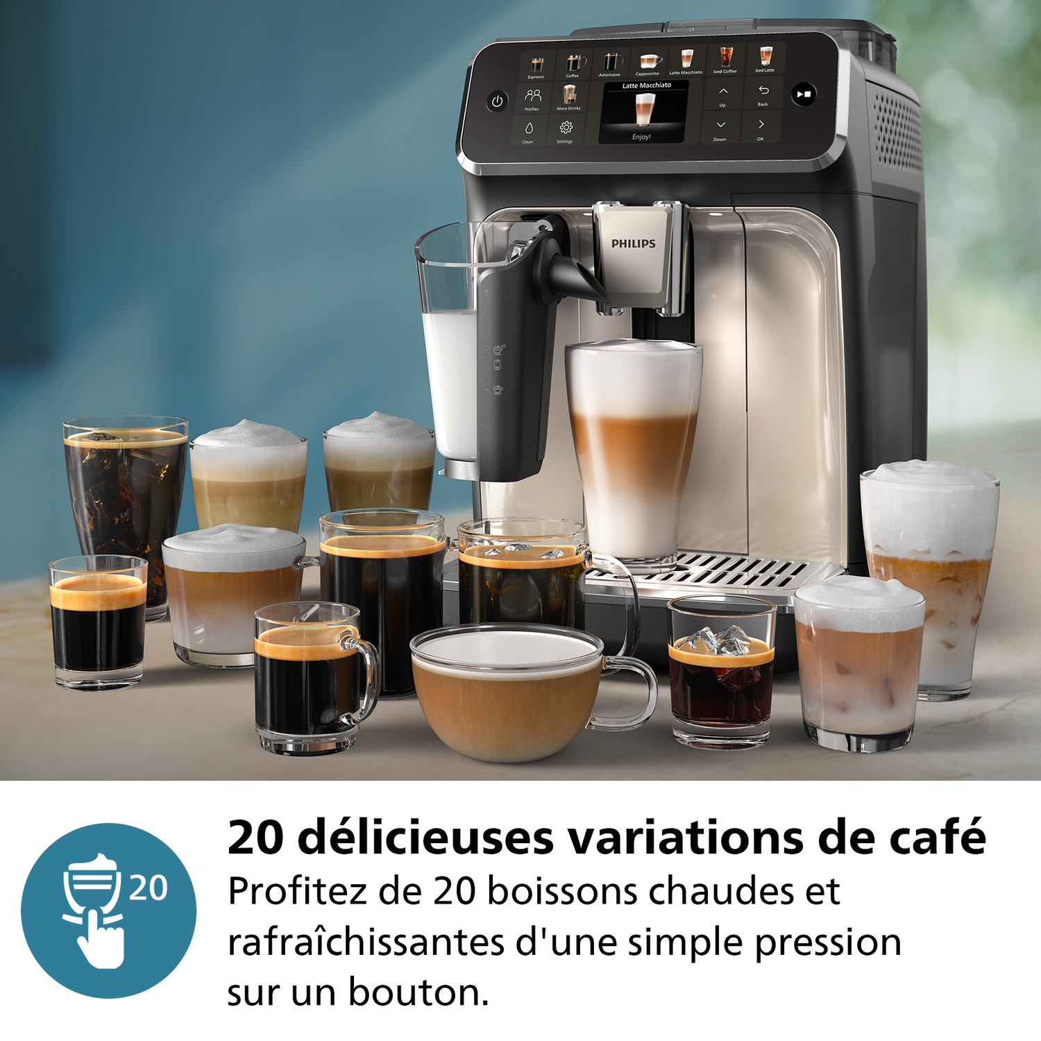 Une machine à café avec diverses boissons au café dans des verres et des tasses.