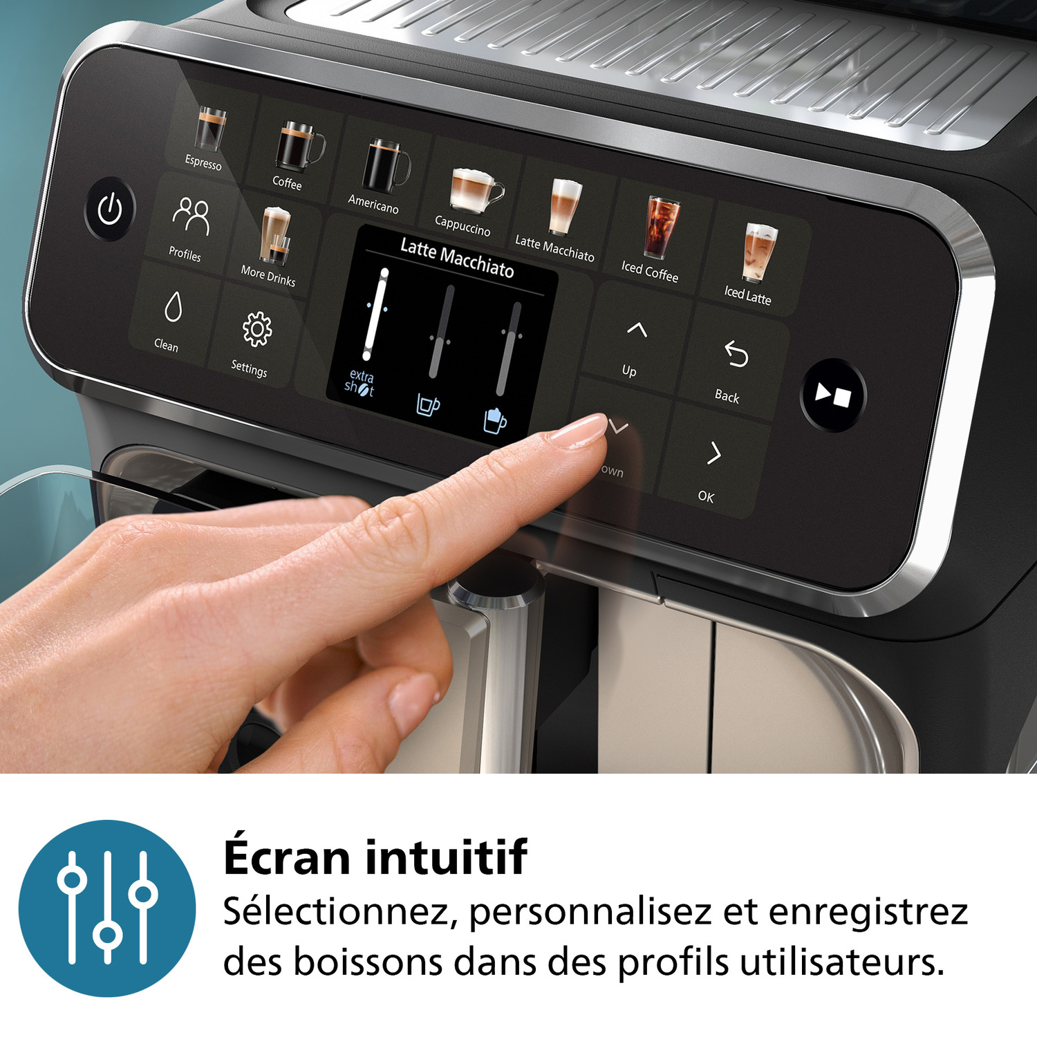 Une main manipulant l'interface tactile d'une machine à café, diverses options de boissons affichées.