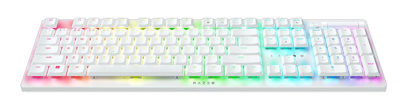 Biała klawiatura z kolorowymi, podświetlanymi klawiszami.