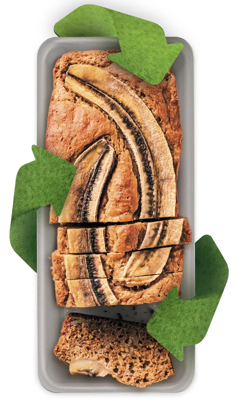 Krojony chleb bananowy na tacy z zielonymi strzałkami recyklingu wokół.