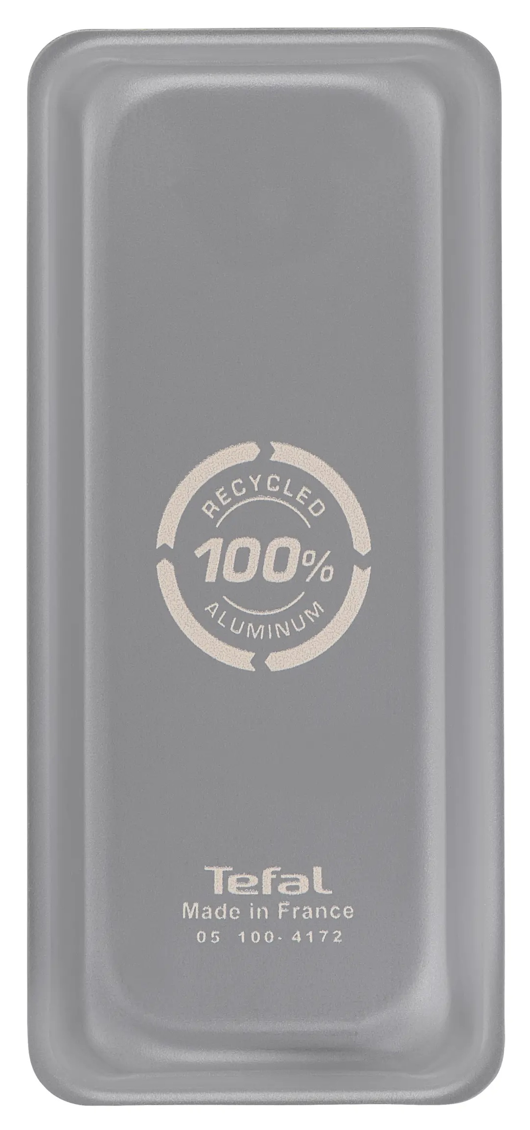 Szara prostokątna patelnia z logo aluminium z recyklingu i napisem 'Tefal'.
