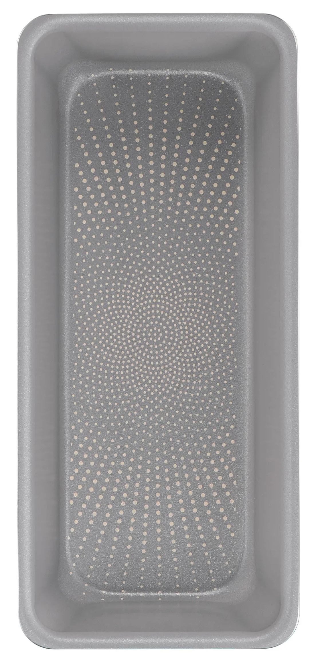 Pusta prostokątna forma do pieczenia, jasnoszara, z wzorem w środku.