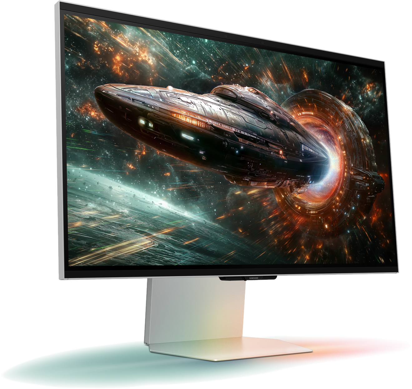 Un moniteur affiche un vaisseau spatial émergeant d'un portail spatial. Le moniteur a un support et une lunette argentés.