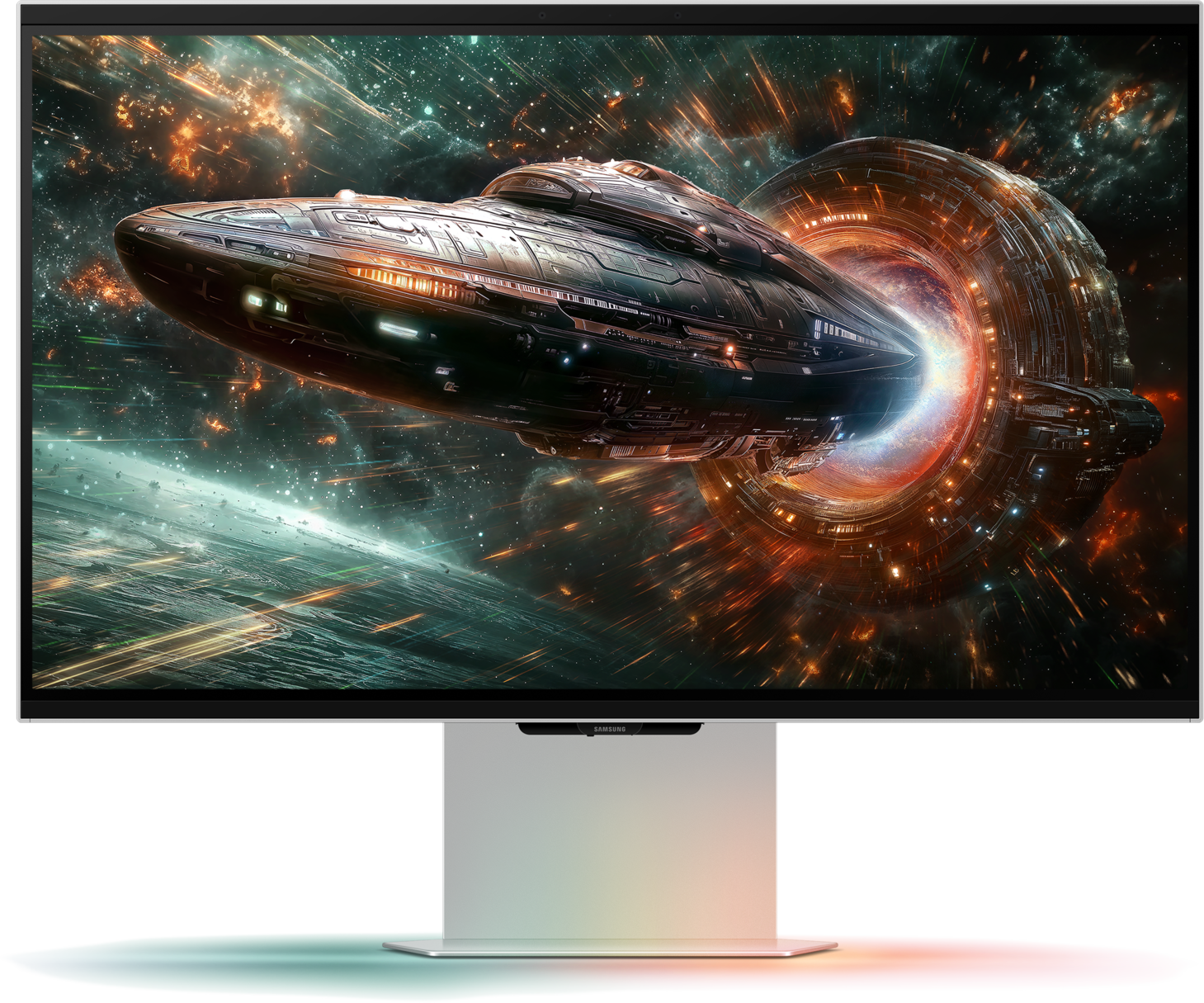 Un vaisseau spatial émerge d'un portail brillant dans l'espace, affiché sur un moniteur Samsung.
