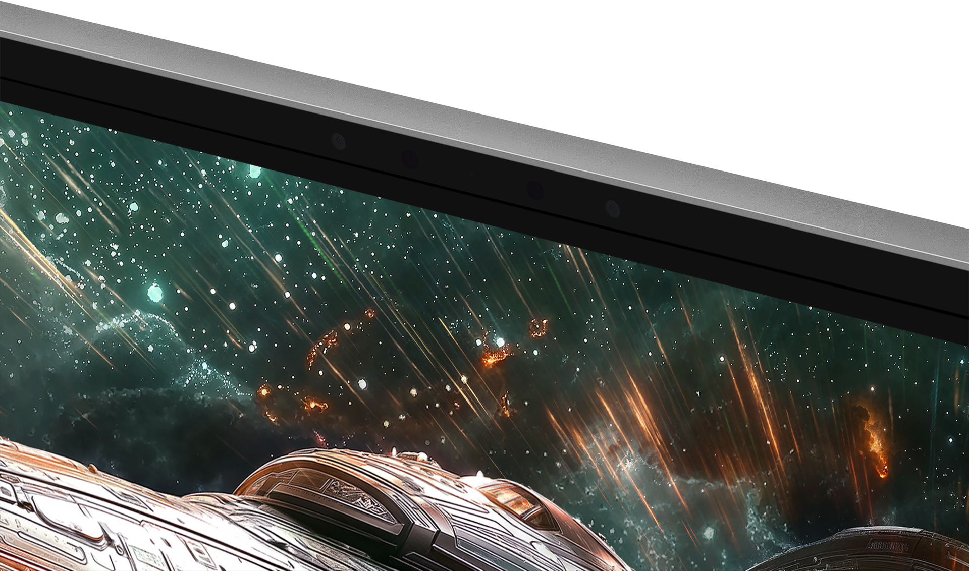 Un écran d'ordinateur portable affiche une scène de vaisseau spatial dans l'espace, avec des étoiles et des nébuleuses. La lunette de l'ordinateur portable est visible.
