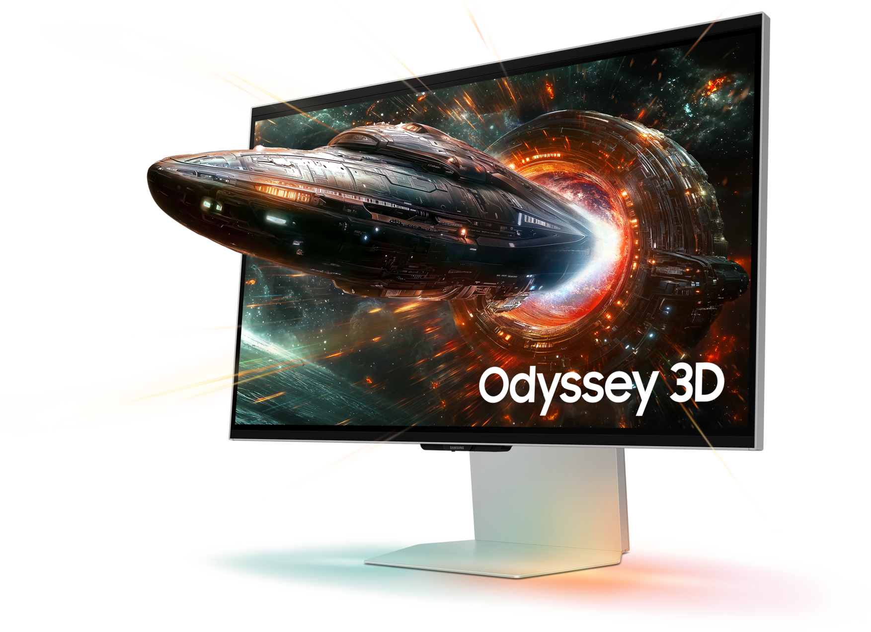Un écran affiche un vaisseau spatial émergeant d'un portail. La scène se déroule dans l'espace. L'écran est étiqueté Odyssey 3D.