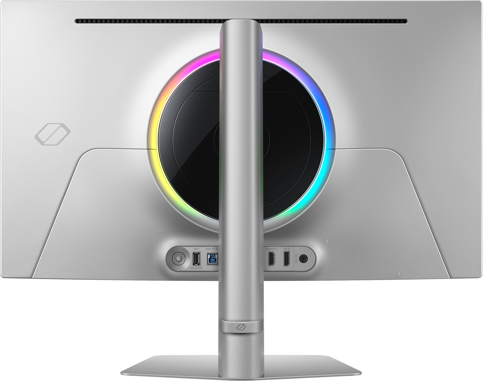 Arrière d'un moniteur argenté avec une lumière circulaire et des ports. Le moniteur est sur un support argenté.