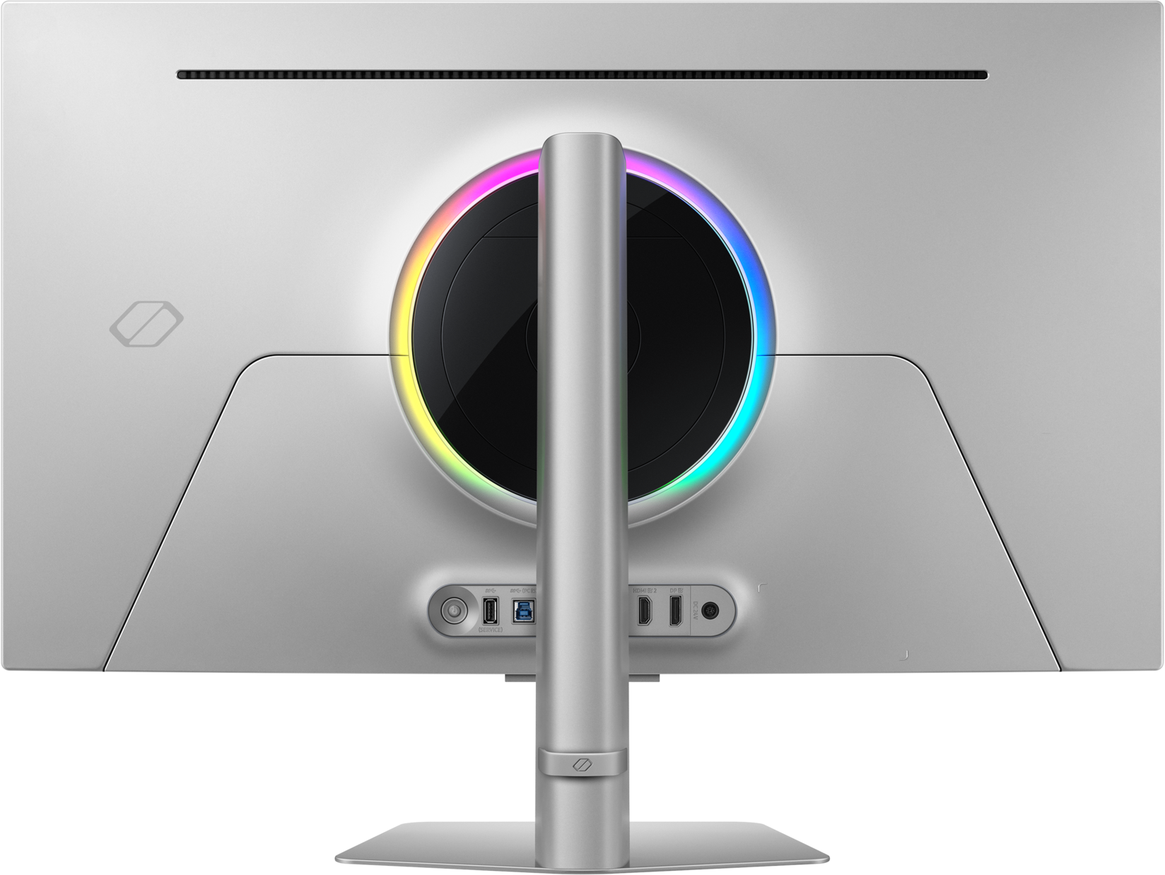 Arrière d'un moniteur d'ordinateur avec anneau lumineux coloré et plusieurs ports.