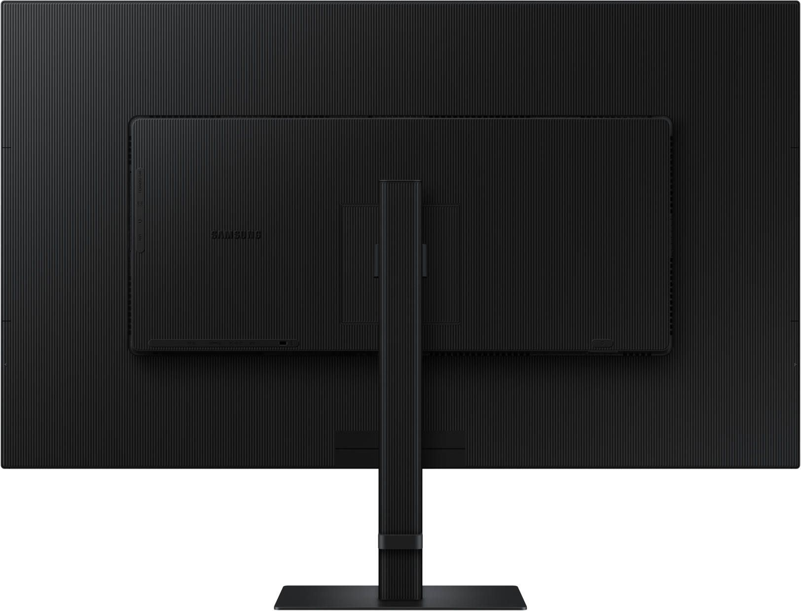 Arrière d'un moniteur noir avec support et logo Samsung.