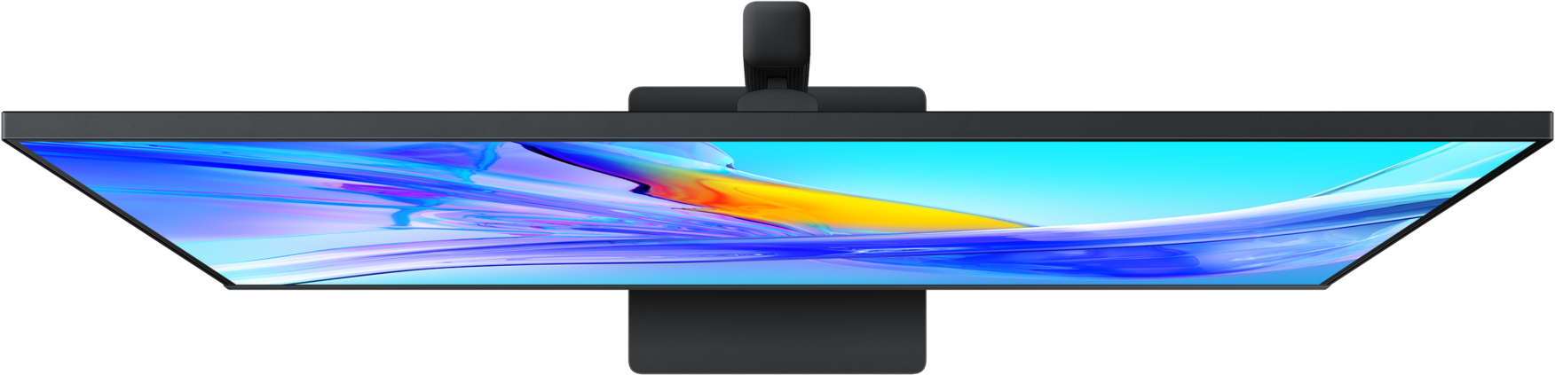 Une vue aérienne d'un moniteur affiche une image abstraite et colorée.