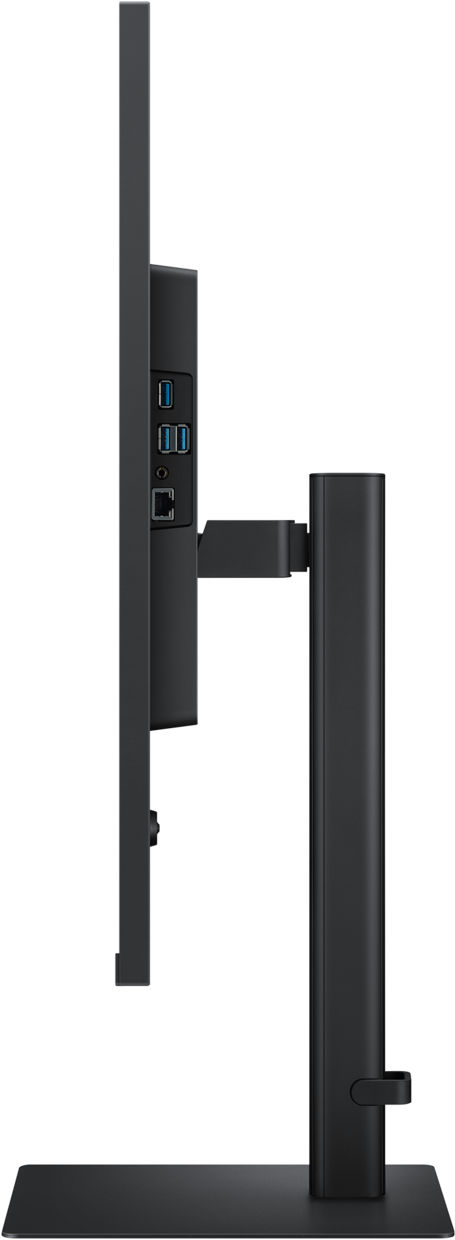 Une vue latérale d'un écran d'ordinateur noir avec ports USB et un support.