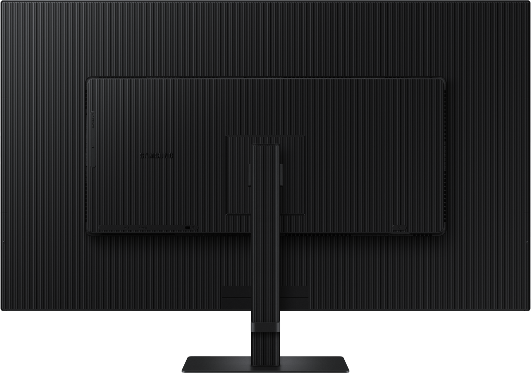 Vue arrière d'un moniteur d'ordinateur noir. Il possède un panneau arrière structuré et nervuré et un support.