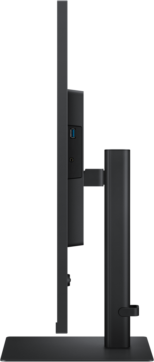 Moniteur d'ordinateur noir, vue latérale, avec port USB et support.