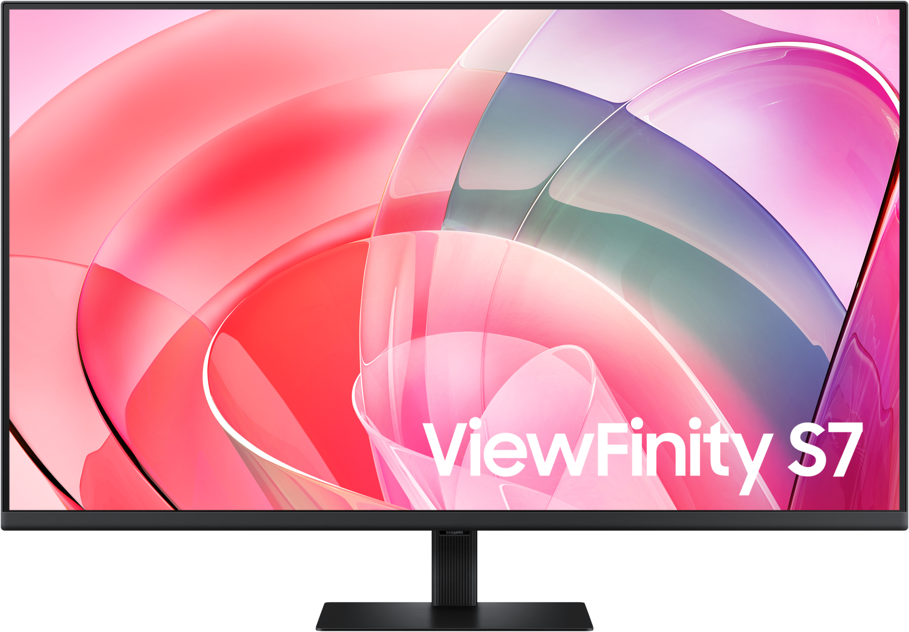 Un moniteur noir affichant une image abstraite colorée, avec le texte ViewFinity S7.