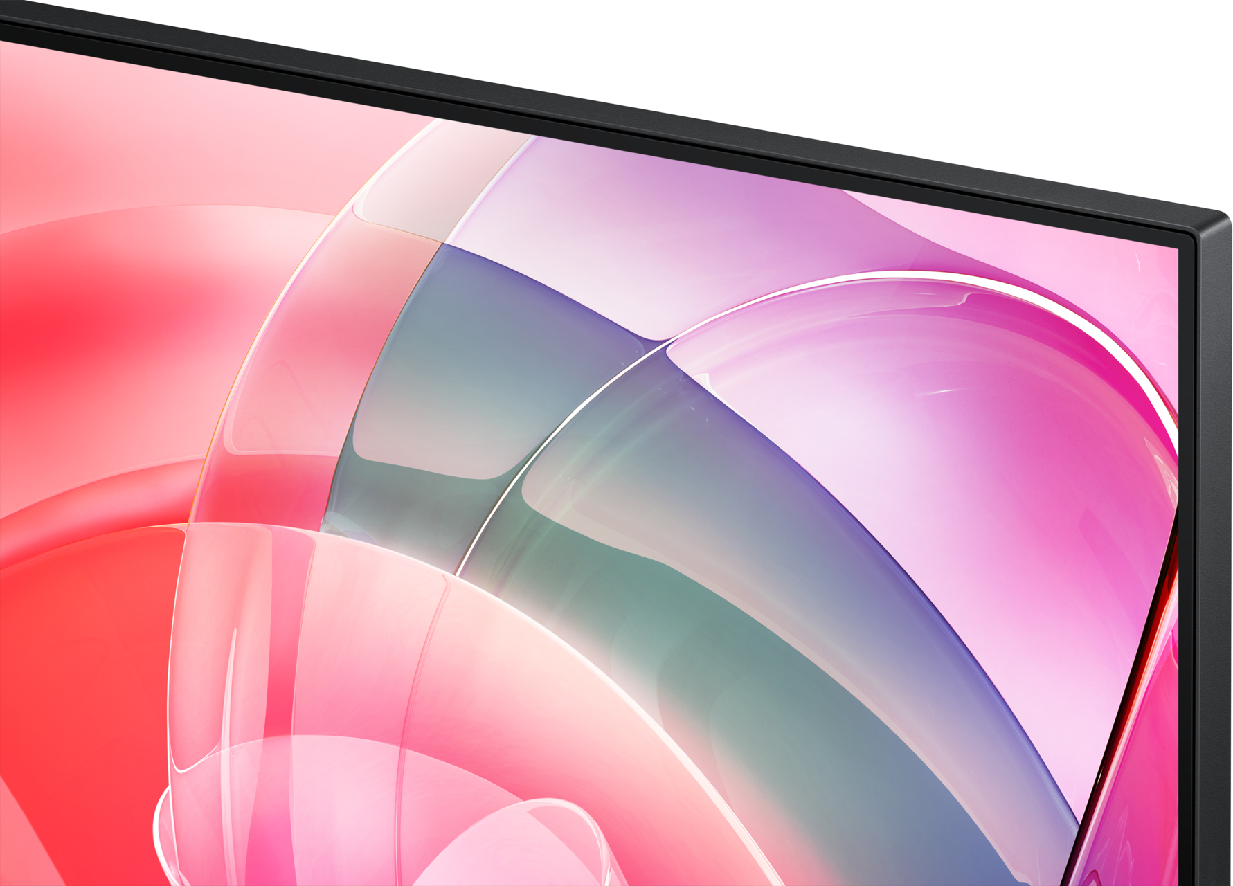 Gros plan sur un écran de moniteur, avec des formes abstraites roses, violettes et blanches.