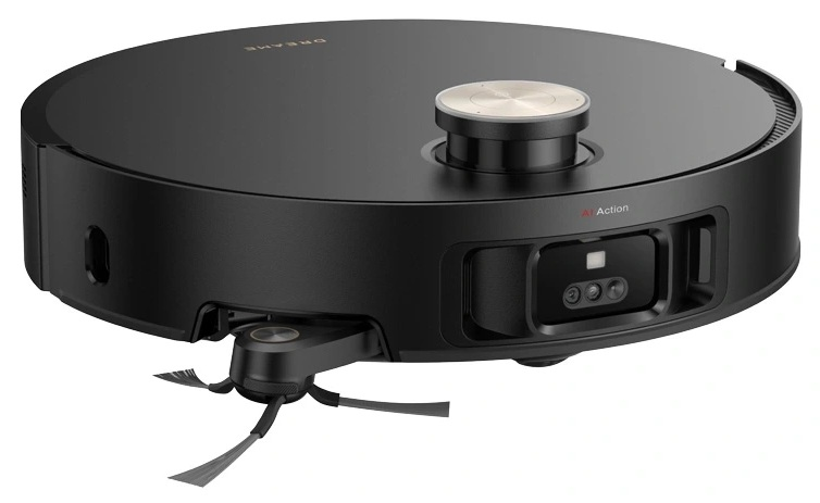 Czarny robot odkurzający. Jest okrągły z kilkoma szczotkami i małą kamerą. Góra ma złoty akcent.